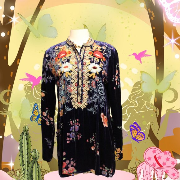 Johnny Was Bouquet Burnout Nephele Tunic Black Embroidered Floral Top Shirt